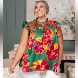 NWT BIBI oversized bright floral smocked ruffled blouse cap ruffled sleeve M / L